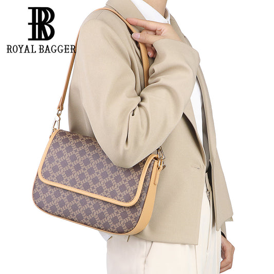 Royal Bagger Retro Crossbody Box Bag for Women, Signature Canvas & Leather, Elegant Compact Shoulder Purse 5245