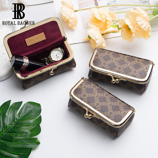 Royal Bagger Mini Jewelry Box – RFID Coated Canvas & Leather Organizer for Rings, Necklaces & Earrings, Women's Kiss Lock Purse 5125