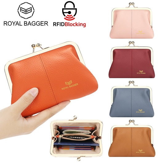 Royal Bagger RFID Blocking Coin Purse for Women, Fashion Kiss Lock Change Pouch, Genuine Leather Key & Card Holder 6120