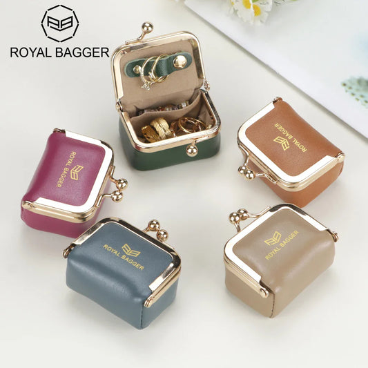 Small Size, Royal Bagger Retro Genuine Leather Mini Kiss Lock Coin Purse – Women's Jewelry Box for Earrings, Rings & More 3894