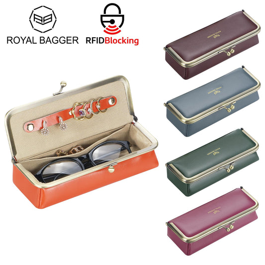 Royal Bagger Genuine Leather RFID Blocking Fashion Glasses Case, Pencil Bag with Kiss Lock, Organizer for Rings, Necklaces & Earrings for Women 3135