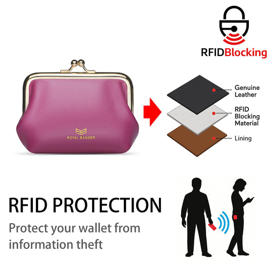 Royal Bagger Retro Kiss Lock RFID Card Holder Coin Purse for Women Genuine Cow Leather Small Lipstick Bag Fashion Mini Key Chain Wallet 3243