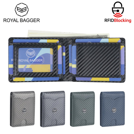 Royal Bagger Men's Genuine Leather Wallet RFID Card Holder Carbon Fiber Wallet Large Capacity Two Fold Wallet 3240