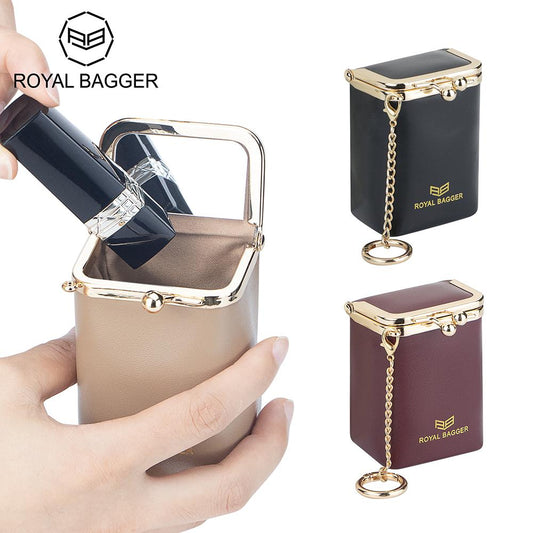 Royal Bagger Mini Chain Cosmetics Case for Women, Genuine Cow Leather Retro Kiss Lock Purse, Small Lipstick Makeup Bag with Mirror 3241