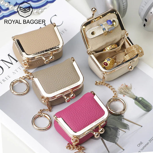 Royal Bagger Genuine Leather Mini Kiss Lock Coin & Jewelry Box, Removable Keychain, Storage for Rings, Earrings, Necklaces 2894