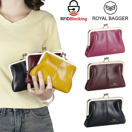 Royal Bagger Fashionable Genuine Leather RFID Blocking Women's Wallet with Kiss Lock, Card Slots and Zipper Coin Pocket 4120