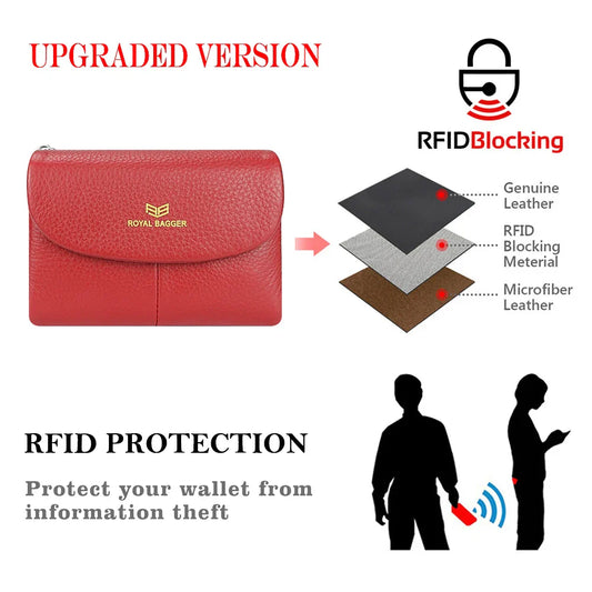 Royal Bagger RFID Blocking Women's Short Wallet Genuine Leather Multi-card Slots Card Holder Trifold Purse Magnetic Opening 2063