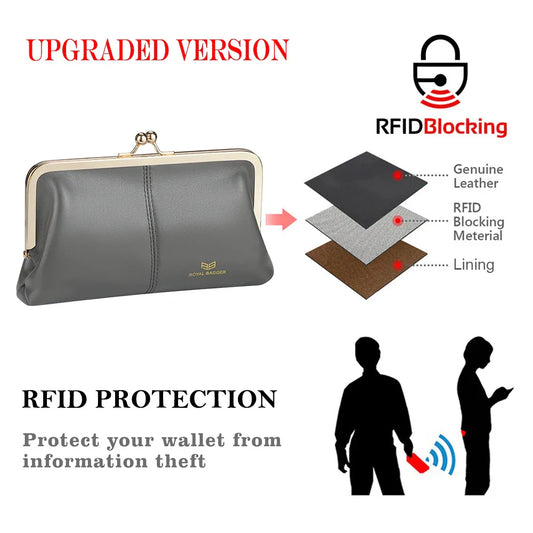 Royal Bagger RFID Genuine Leather Wallet for Women, Kiss Lock Clutch with Multi-Card Slots, Vintage Card Holder Purse 2468
