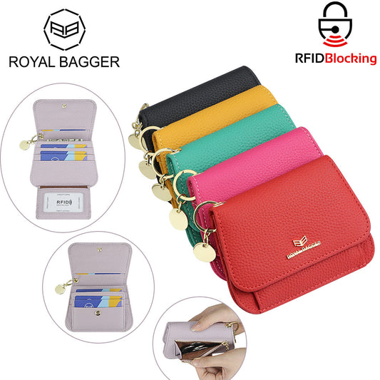Royal Bagger Multi-card Slots Short Wallet Genuine Leather Credit Card Holder RFID Blocking Coin Purse with Keychain 2443