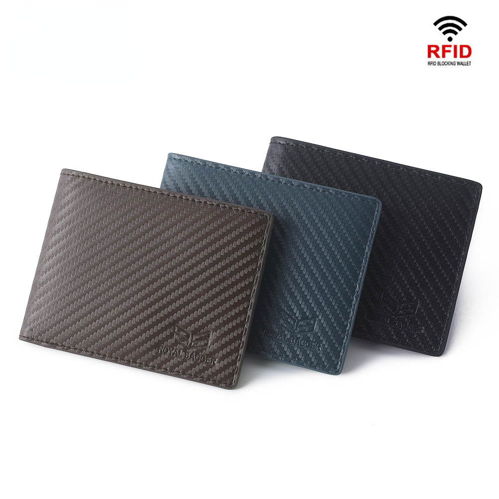 Royal Bagger Genuine Cow Leather Men Short Wallet Carbon Fiber Pattern RFID Block Cowhide Wallets Business Card Holder Purse