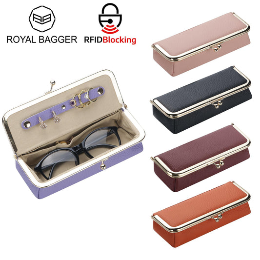 Royal Bagger Genuine Leather RFID Blocking Fashion Glasses Case, Pencil Bag with Kiss Lock, Organizer for Rings, Necklaces & Earrings for Women 4135