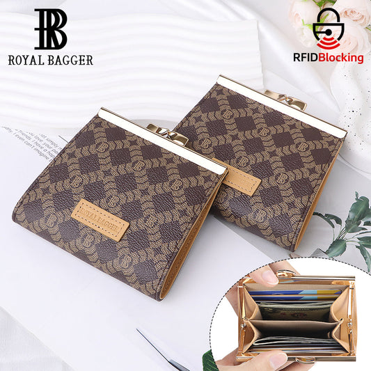 Royal Bagger Women’s RFID Credit Card Holder Wallet – Vintage Coin Purse with Signature Coated Canvas & Vegetable-Tanned Cowhide Leather, Kiss Lock Short Wallet 5242